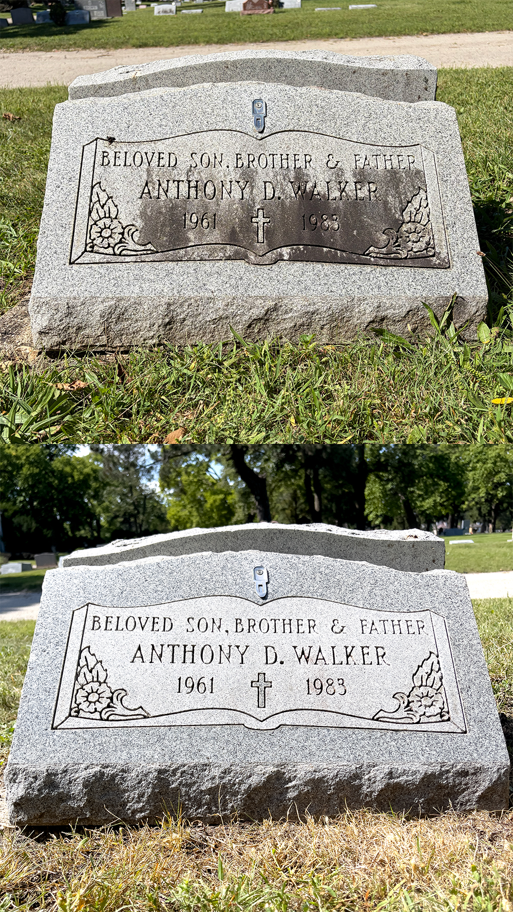 Before and after cleaning of the Anthony D. Walker memorial